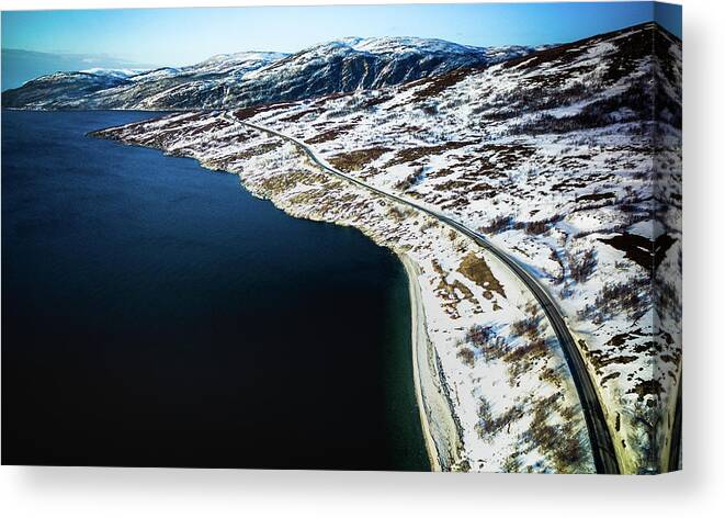 Landscape Canvas Print featuring the photograph Storekorsnes Aerial Over Altafjord Finnmark Norway by Adam Rainoff