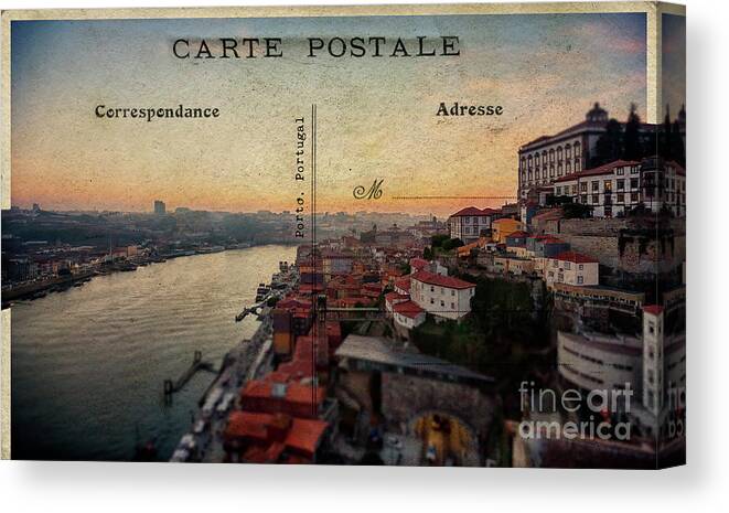 Postcard Canvas Print featuring the digital art sunset view of the Douro river and old part of Porto, Portugal by Ariadna De Raadt