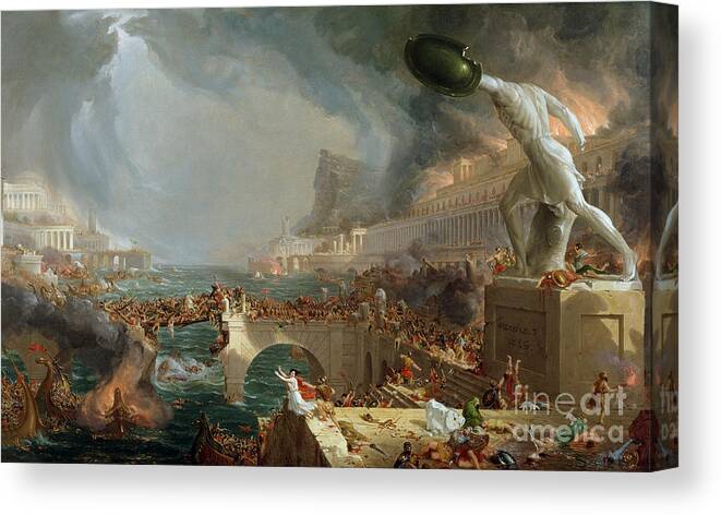 Destroy; Attack; Bloodshed; Soldier; Ruin; Ruins; Shield; Monument; Bridge; Classical Architecture; Galleon; Barbarian; Barbarians; Possibly Fall Of Rome; Hudson River School; Statue Canvas Print featuring the painting The Course of Empire - Destruction by Thomas Cole