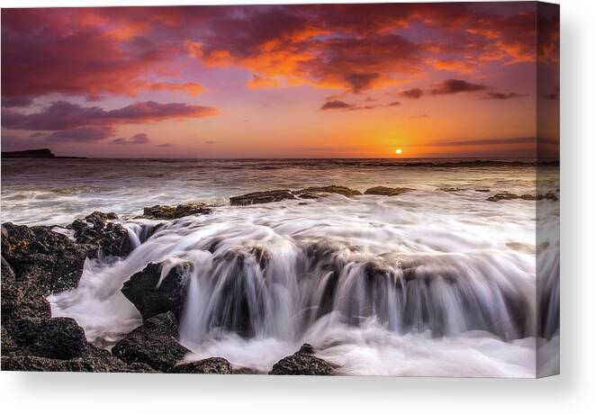 Sunset Seascape Shorebreak Clouds Oahu Fine Art Photography Canvas Print featuring the photograph The Sound Of The Sea by James Roemmling