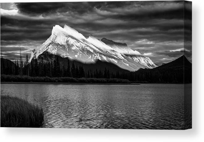 Joan Carroll Canvas Print featuring the photograph Vermillion Lakes and Mt Rundle BW by Joan Carroll
