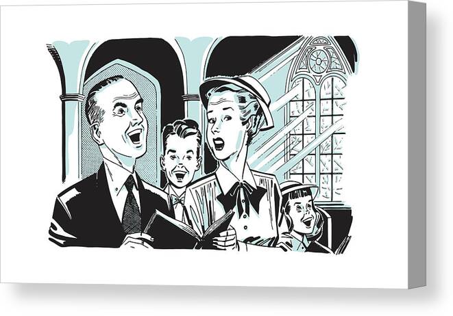 Adult Canvas Print featuring the drawing Family Singing at Church #1 by CSA Images