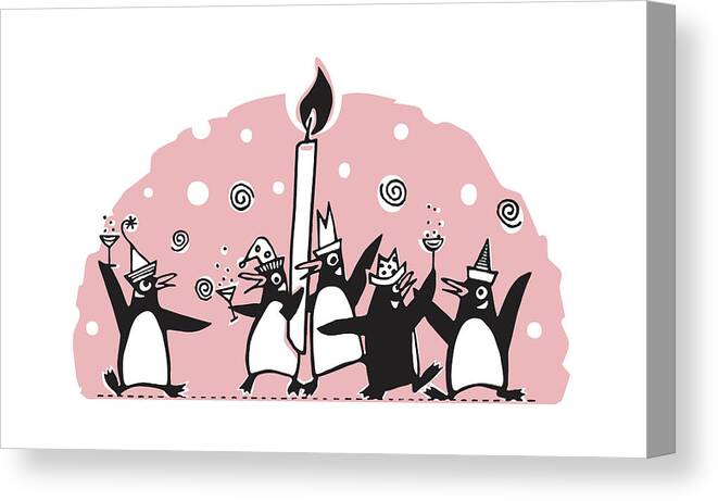Animal Canvas Print featuring the drawing Penguins Celebrating New Year's Eve #1 by CSA Images