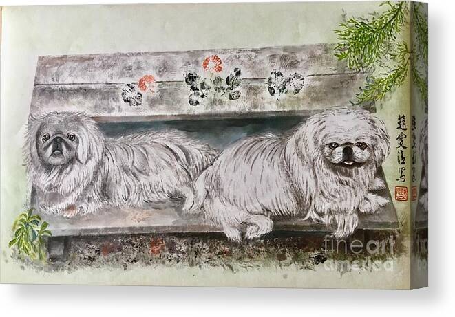 Pekes Dog Canvas Print featuring the painting Two Pekes Dogs by Carmen Lam