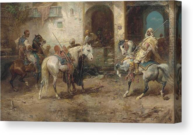 Arabian Canvas Print featuring the painting Adolf Schreyer - Arabian Horsemen by Celestial Images