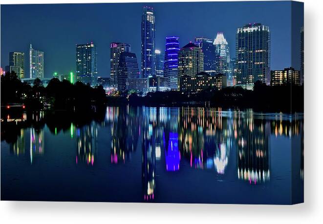 Austin Canvas Print featuring the photograph Austin Night Reflection by Frozen in Time Fine Art Photography