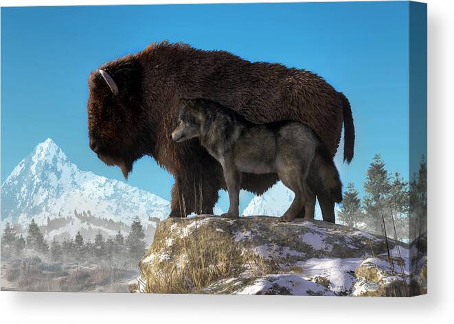 Buffalo Canvas Print featuring the digital art Buffalo and Wolf by Daniel Eskridge