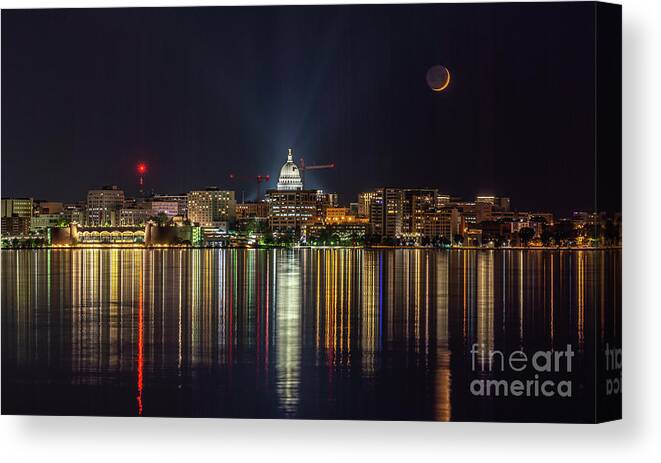 Landscape Canvas Print featuring the photograph Crescent Moon Rests In Madison Skyline by Amfmgirl Photography