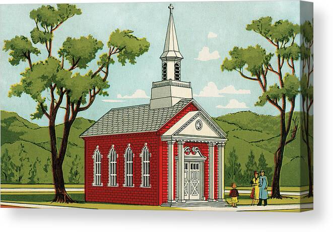 Architecture Canvas Print featuring the drawing Family in Front of Church by CSA Images
