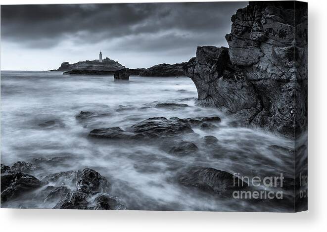 Cornwall Canvas Print featuring the photograph Godrevy Point Lighthouse, Cornwall, Monochrome by Philip Preston