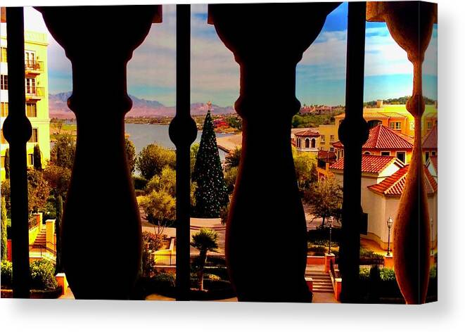 Ornate Wooden Railing Canvas Print featuring the photograph Holiday Balcony View by Debra Grace Addison