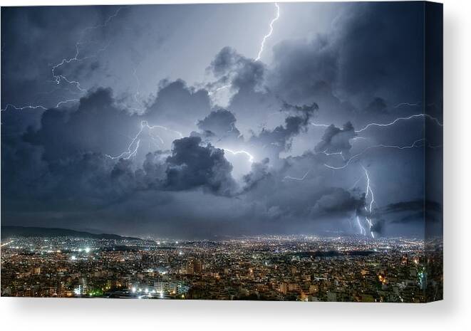 Athens Canvas Print featuring the photograph Lightning Over Athens by Chris Kaddas