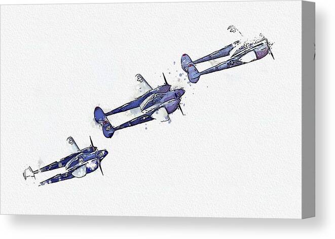 Jet Canvas Print featuring the painting Lockheed P-38 Lightnings watercolor by Ahmet Asar by Celestial Images