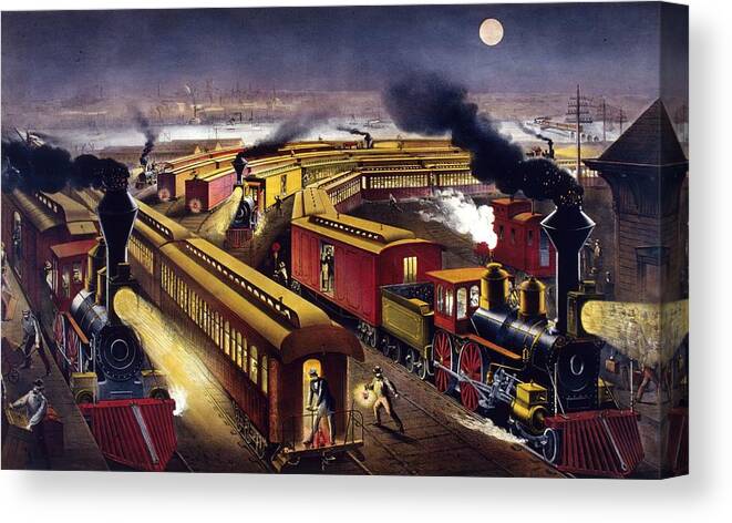1880-1889 Canvas Print featuring the photograph Night-time Trains by Mpi