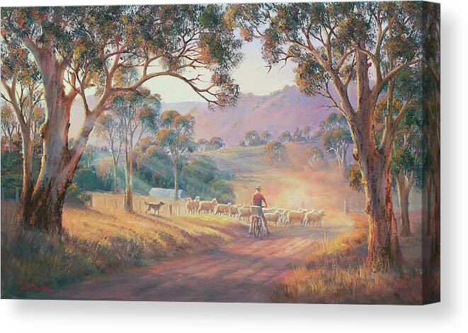 Cowboy Herding Sheep Canvas Print featuring the painting Rounding Up The Stragglers by John Bradley