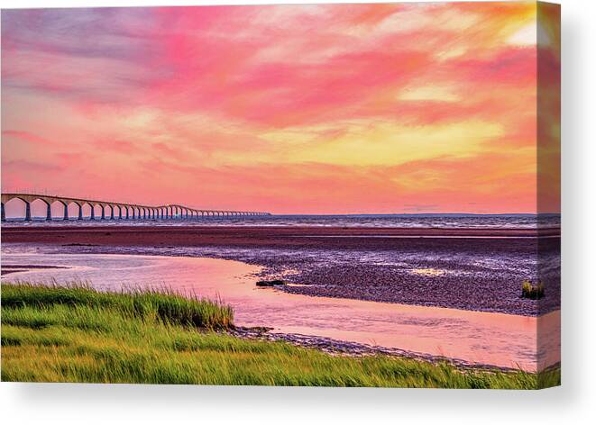 Pei Canvas Print featuring the photograph Summer Sunset at Confederation Bridge, Painterly by Marcy Wielfaert