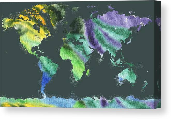 Blue Canvas Print featuring the painting Watercolor Silhouette World Map Colorful PNG VI by Irina Sztukowski