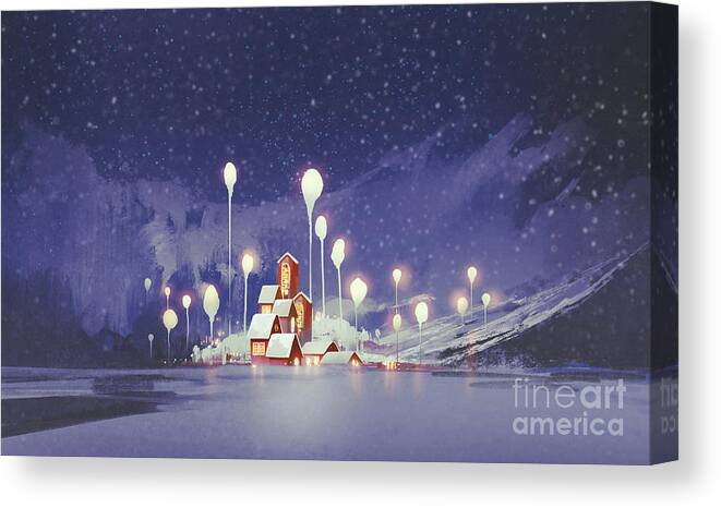 Mountains Canvas Print featuring the digital art Winter Landscape With Village by Tithi Luadthong
