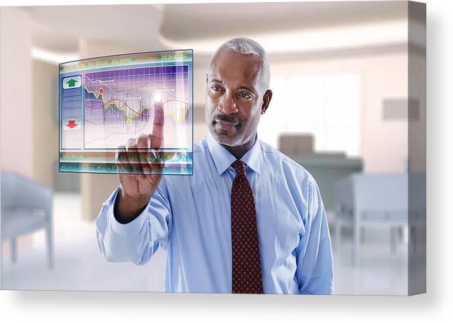Corporate Business Canvas Print featuring the photograph Black businessman using digital display #1 by MixAll Studio