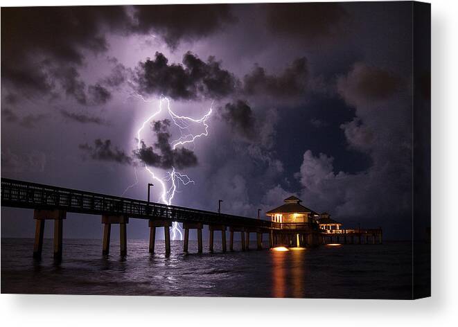 Lightning Strike At Fort Myers Beach Pier Canvas Print