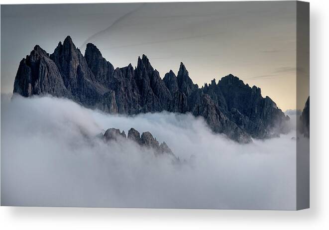 Dolomiti Canvas Print featuring the photograph Mountain landscape with mist, at sunset Dolomites at Tre Cime Italy. by Michalakis Ppalis