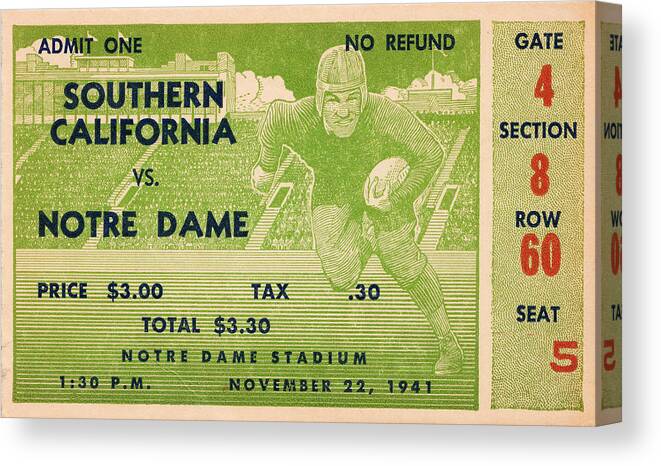 Notre Dame Canvas Print featuring the mixed media 1941 USC vs. Notre Dame by Row One Brand