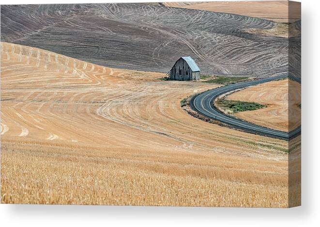 Farm Canvas Print featuring the photograph Barn and Country Road in Harvest Season by Connie Carr