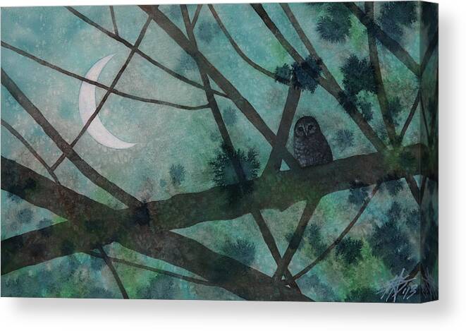 Strix Varia Canvas Print featuring the painting Barred Owl Moon by Robin Street-Morris