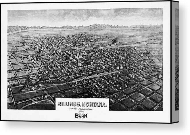 Billings Canvas Print featuring the photograph Billings Montana Antique Map Birds Eye View 1904 Black and White by Carol Japp