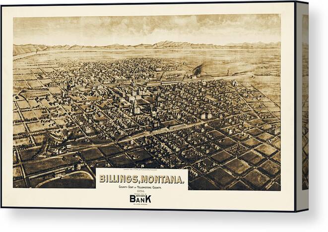 Billings Canvas Print featuring the photograph Billings Montana Antique Map Birds Eye View 1904 Sepia by Carol Japp