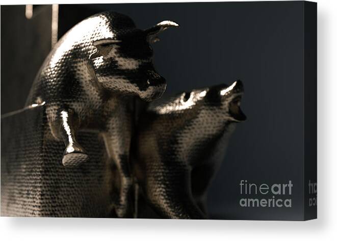 Bull Canvas Print featuring the digital art Bull And Bear Statuettes by Allan Swart