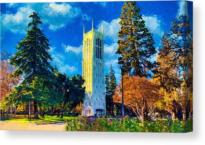 Burns Tower Canvas Print featuring the digital art Burns Tower of the University of the Pacific in Stockton, California by Nicko Prints