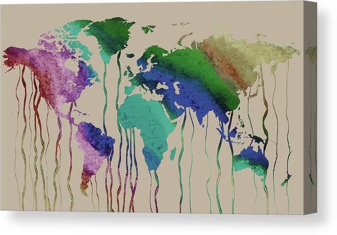 World Map Canvas Print featuring the painting Colors On Beige Watercolor World Map Silhouette by Irina Sztukowski