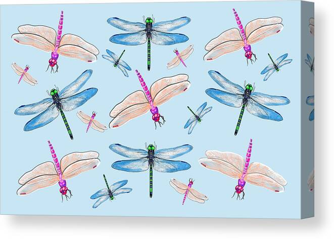 Dragonflies In Blue Sky By Judy Link Cuddehe Canvas Print featuring the mixed media Dragonflies in Blue Sky by Judy Link Cuddehe