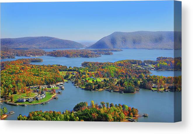 Smith Mountain Lake Canvas Print featuring the photograph Fall Aerial Smith Mountain Lake by The James Roney Collection