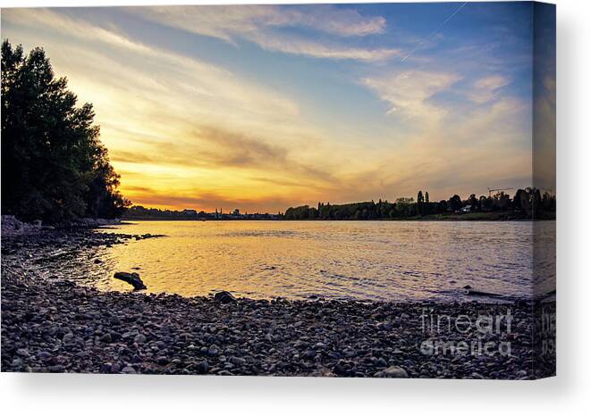 Sunset Canvas Print featuring the photograph Orange sunset by the Rheine riverside by Mendelex Photography
