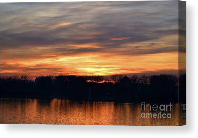 Nature Canvas Print featuring the photograph Romantic Sunset Over Water Caught in Fire by Leonida Arte