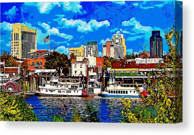 Sacramento Canvas Print featuring the digital art Sacramento cityscape from the riverwalk - impressionist painting by Nicko Prints