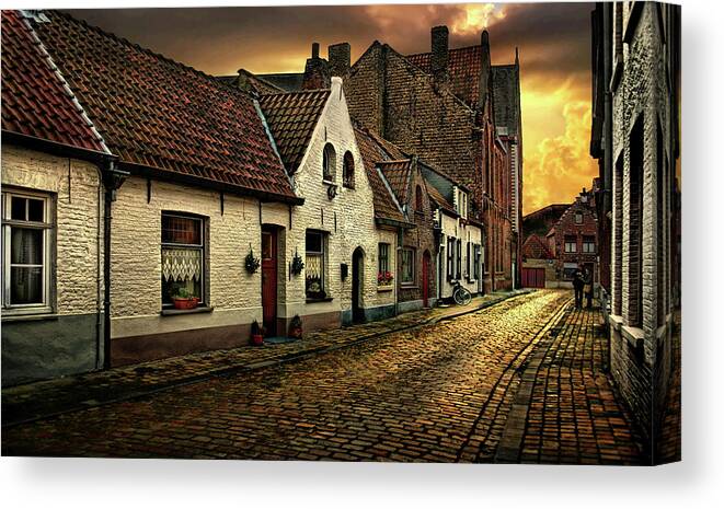 #bruges #belgium #instagram #galagan #edwardgalagan #edgalagan #street #sunset #fotografie #nederland #netherlands #holland #dutch #heritage #artphotography #fineartphotography #hdr #retro #house #roof #eduard_galagan Canvas Print featuring the digital art Street of Old Brugge by Edward Galagan