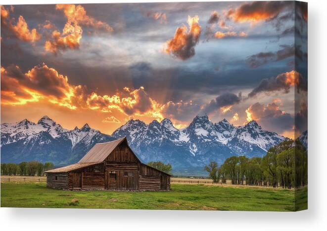 Sunset Canvas Print featuring the photograph Sunset on Fire - Moulton Barn by Darren White