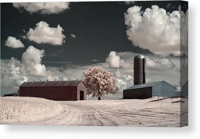 Tobacco Canvas Print featuring the photograph The Moe Farm tobacco shed, oak and silo near Stoughton WI by Peter Herman