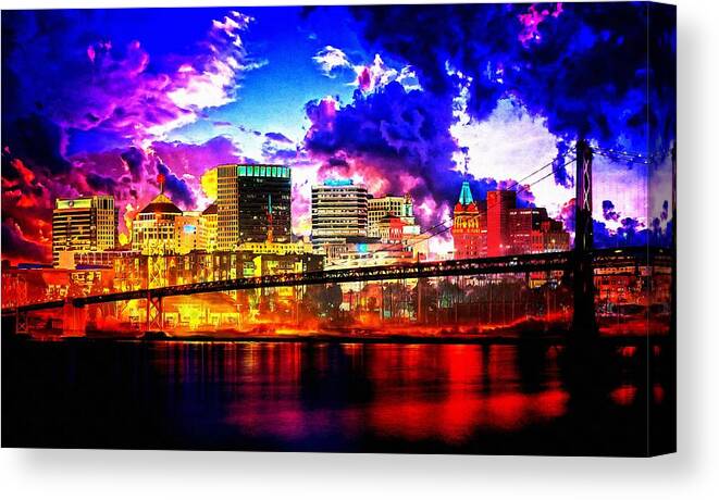 Oakland Canvas Print featuring the digital art The Oakland Bay Bridge and the downtown Oakland skyline at twilight by Nicko Prints