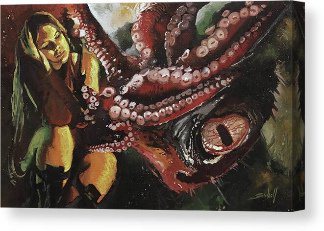 Cthulhu Canvas Print featuring the painting The Return of the Ancient by Sv Bell