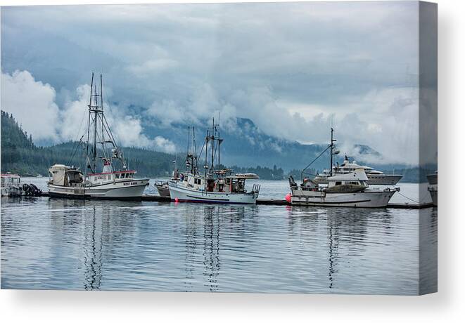 Alaska Canvas Print featuring the photograph Three Fishing Vessels Waiting in Juneau by Marcy Wielfaert