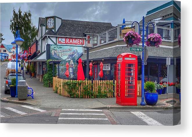 Red Phone Booth Canvas Print featuring the photograph Velkommen til Poulsbo by Jerry Abbott