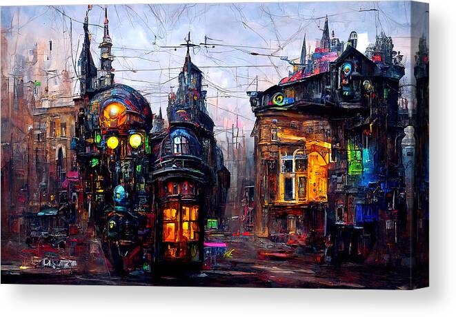 Steampunk Canvas Print featuring the painting Victorian Steampunk City, 02 by AM FineArtPrints