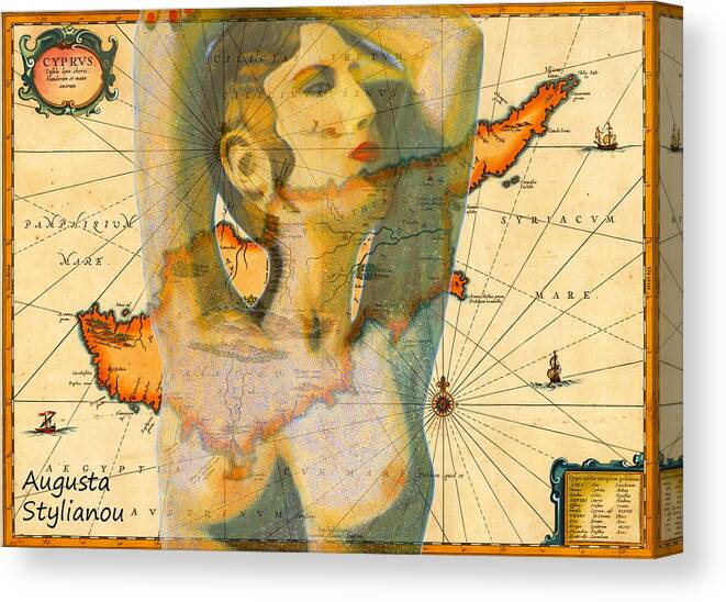 Augusta Stylianou Canvas Print featuring the digital art Aphrodite and Ancient Cyprus Map #1 by Augusta Stylianou