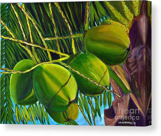 Coconuts Canvas Print featuring the painting Coconuts at sunset by Laura Forde