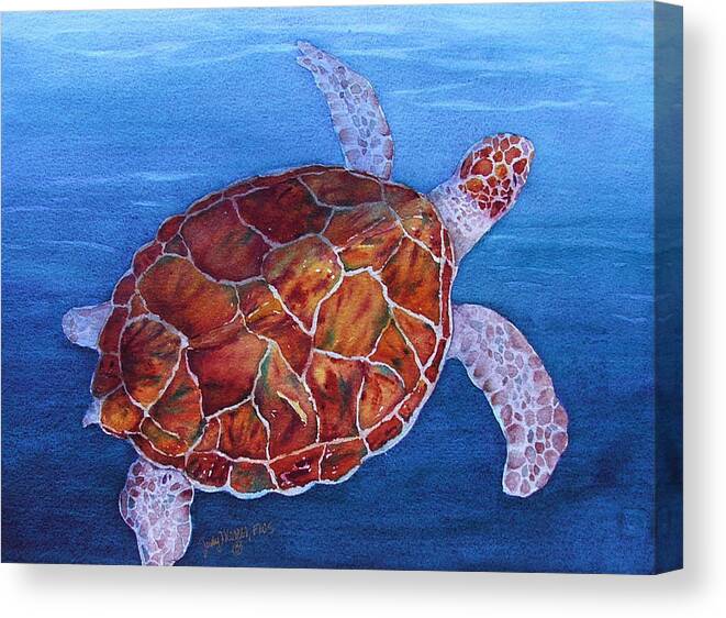 Turtle On Blue Water Background Canvas Print featuring the painting Heads Up #2 by Judy Mercer