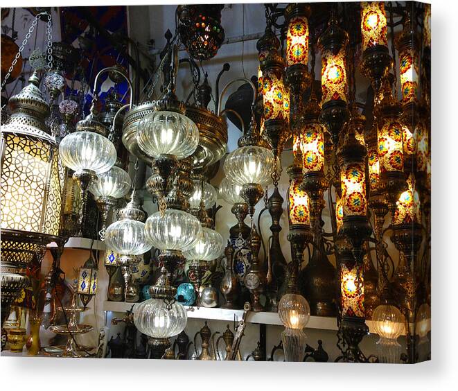 Oriental Lamps Canvas Print featuring the photograph Oriental Lamps Grand Bazaar Istanbul Turkey #1 by PIXELS XPOSED Ralph A Ledergerber Photography